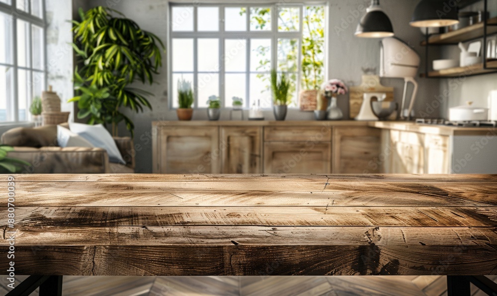 Mock up empty wooden table against the blurred background of the modern white wooden rustic Scandinavian kitchen, Mockup blank surface on a blurred kitchen background. copy space. 
