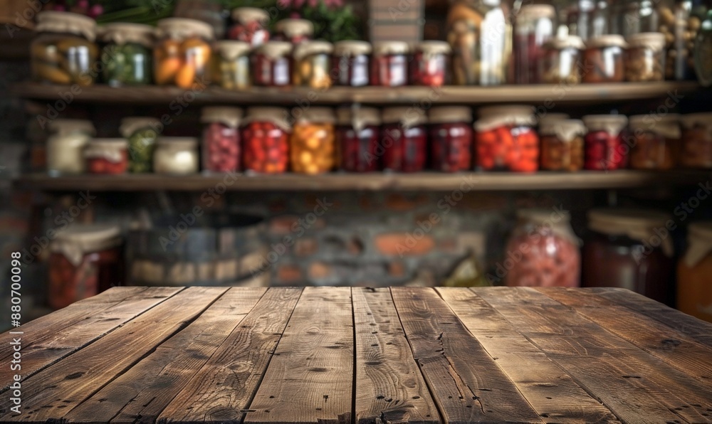 mockup Empty wooden table against the blurred background of the modern kitchen or cellar with shelves on which there are cans of canned vegetables, mushrooms and jam. The concept of autumn harvesting. mockup Empty wooden table against the blurred background of the modern kitchen or cellar with shelves on which there are cans of canned vegetables, mushrooms and jam. The concept of autumn harvesting.