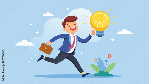 Excited Businessman with Big Lightbulb Idea Running to Invent New Product, Solving Problems through Creativity and Innovation