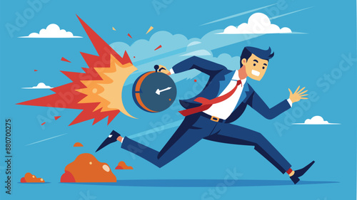Fearful Businessman Running from Exploding Time Bomb, Representing Time Management and Project Deadline Pressure