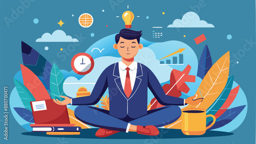 Focused businessman meditating, concentrating on business goals and eliminating distractions