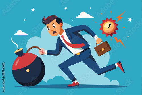 Fearful Businessman Running from Exploding Time Bomb, Representing Time Management and Project Deadline Pressure