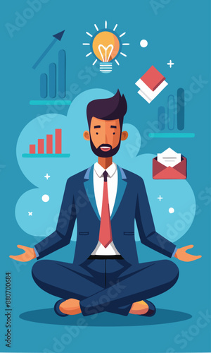 Focused businessman meditating, concentrating on business goals and eliminating distractions