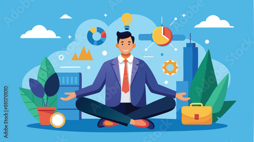 Focused businessman meditating, concentrating on business goals and eliminating distractions