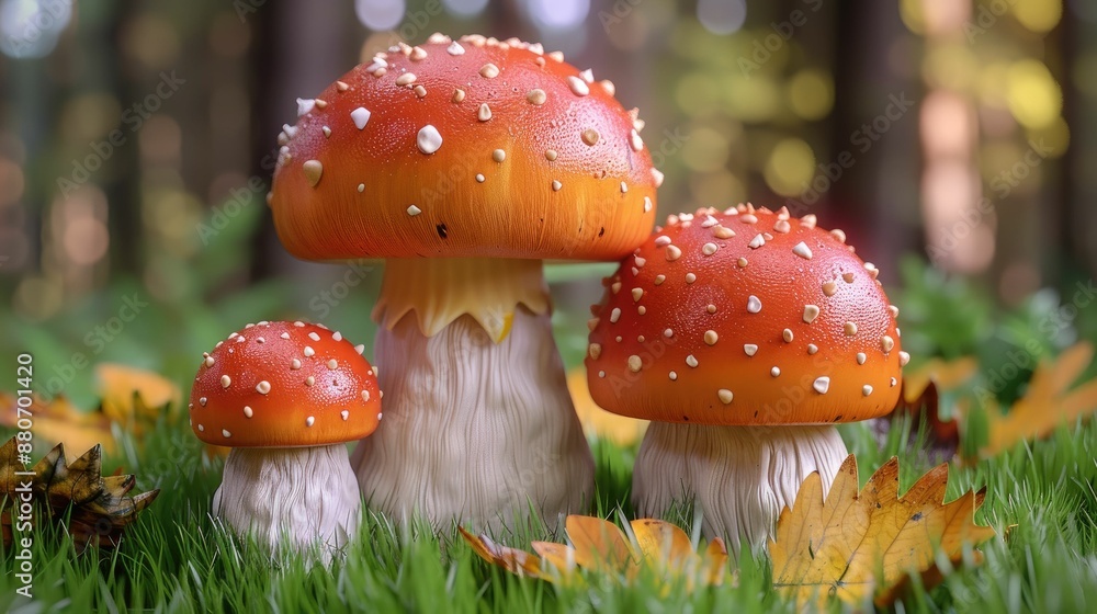 Obraz premium Three Red Mushrooms in a Forest