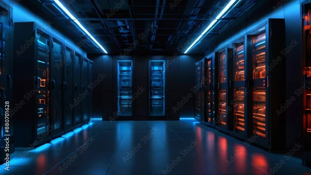 A dark room with blue and red lighting. Tall cabinets line the walls and a bright light is at the end of the corridor. A dark room with blue and red lighting. Tall cabinets line the walls and a bright light is at the end of the corridor.