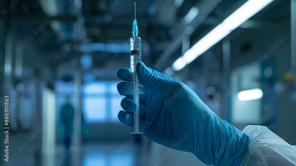 Syringe held by gloved hand in medical setting Syringe held by gloved hand in medical setting