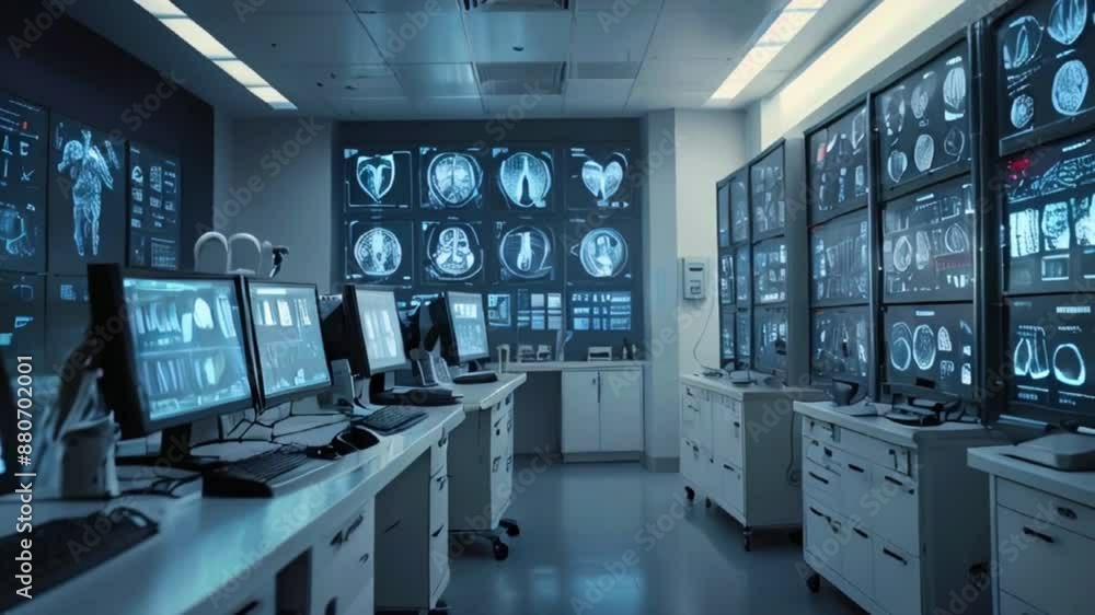 A room with several computers and large screens showing medical video A room with several computers and large screens showing medical video