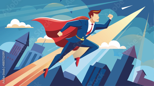 Superhero Businessman Soars to New Heights, Propelling Business Growth and Career Success with Unstoppable Determination