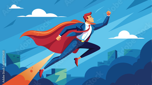 Superhero Businessman Soars to New Heights, Propelling Business Growth and Career Success with Unstoppable Determination