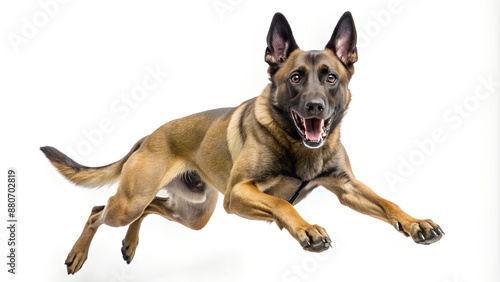 Mid-air action shot of a Belgian Malinois running with its tongue out photo