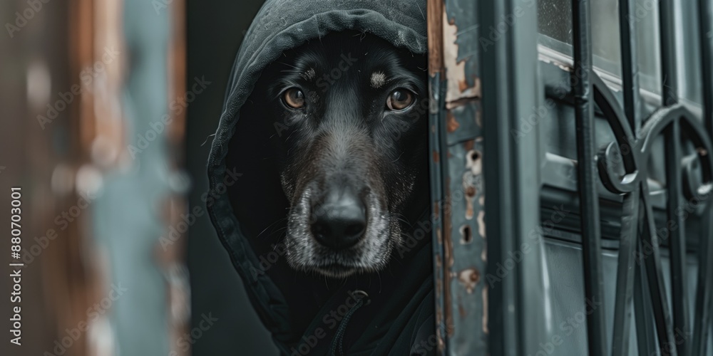 Black stray dog looking for shelter gazing at camera Black stray dog looking for shelter gazing at camera