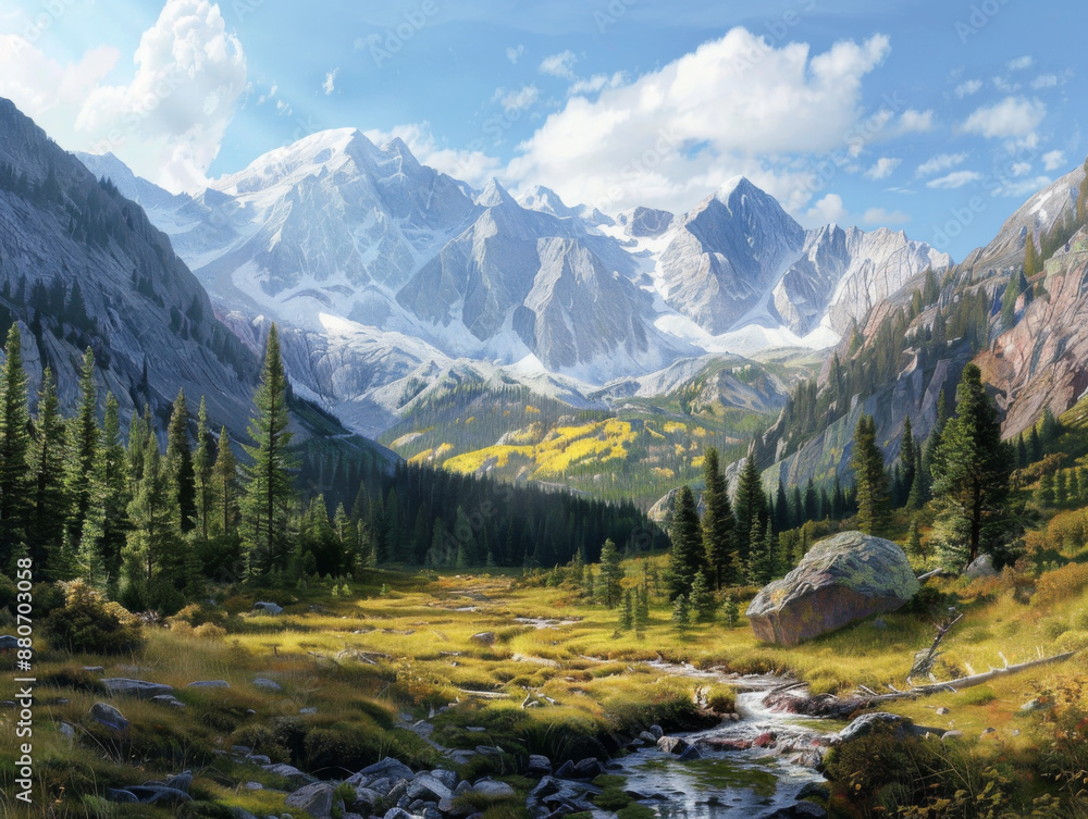 Mountain Landscape with Pine Trees, Generative AI Illustration