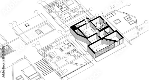 house traditional architecture plan 3d illustration	
