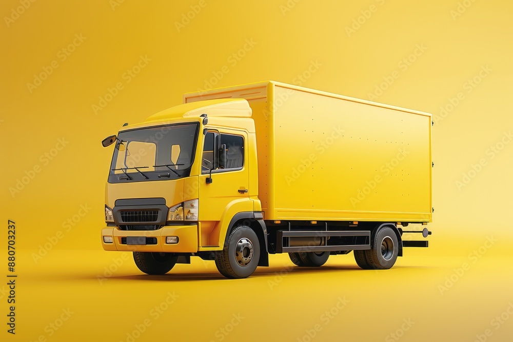 This is a 3D rendering of a yellow delivery truck. The truck is in a simple, clean style with a solid yellow body and black windows. Generated AI This is a 3D rendering of a yellow delivery truck. The truck is in a simple, clean style with a solid yellow body and black windows. Generated AI
