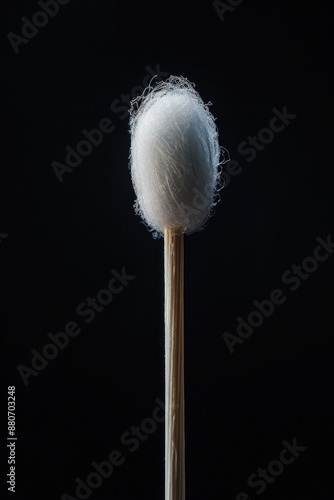 Close-up shot of a single cotton ball attached to a wooden stick, great for textures and details