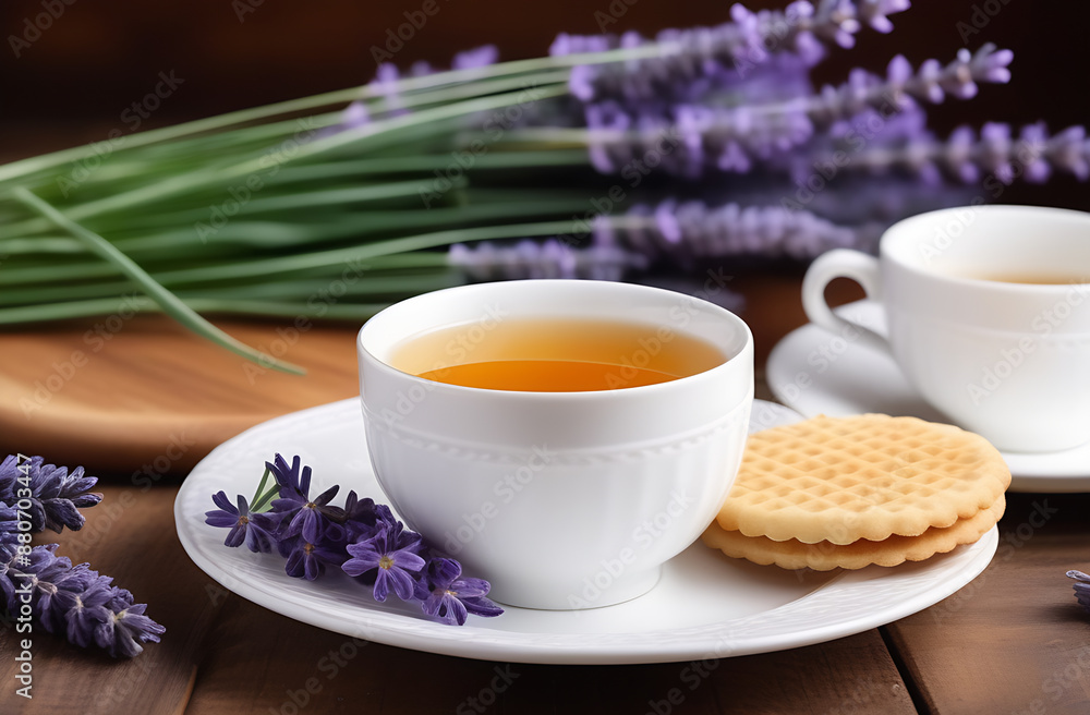 On the table is a cup of tea with a waffle on a saucer with sprigs of fresh lavender On the table is a cup of tea with a waffle on a saucer with sprigs of fresh lavender