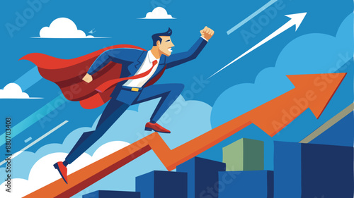 Superhero Businessman Takes Leaps and Bounds Towards Success, Skyrocketing Business Growth and Career Development