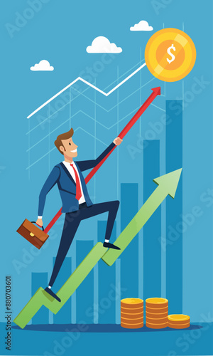 Businessman Pushing Coin Up Exponential Graph, Compound Interest and Long-Term Investment Growth Concept