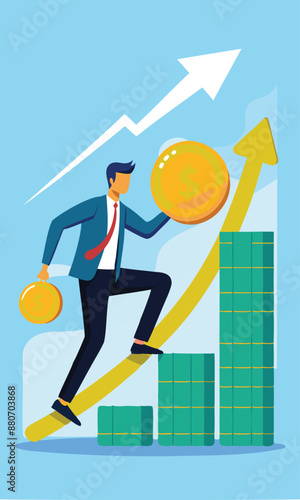 Businessman Pushing Coin Up Exponential Graph, Compound Interest and Long-Term Investment Growth Concept