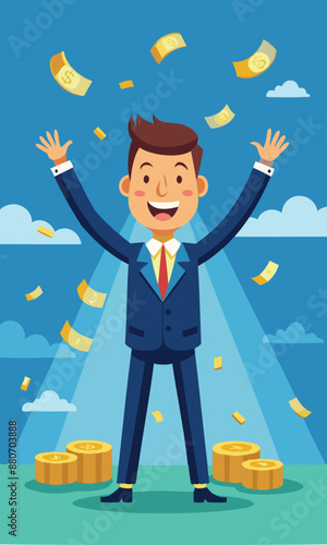 Happy millionaire businessman achieving financial freedom, success with plenty of money and wealth