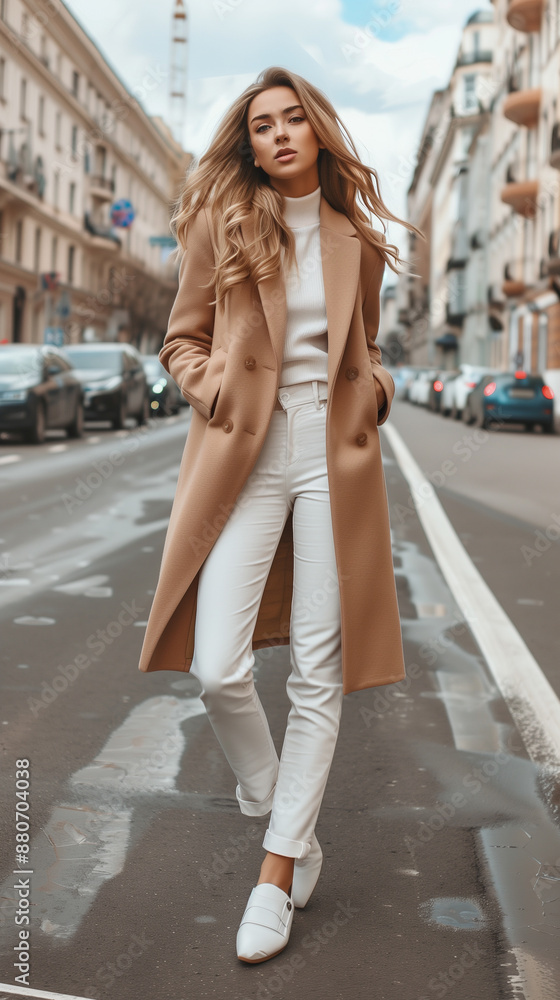 Young blonde woman in beige coat and white jeans posing on a street Young blonde woman in beige coat and white jeans posing on a street