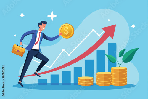 Businessman Pushing Coin Up Exponential Graph, Compound Interest and Long-Term Investment Growth Concept