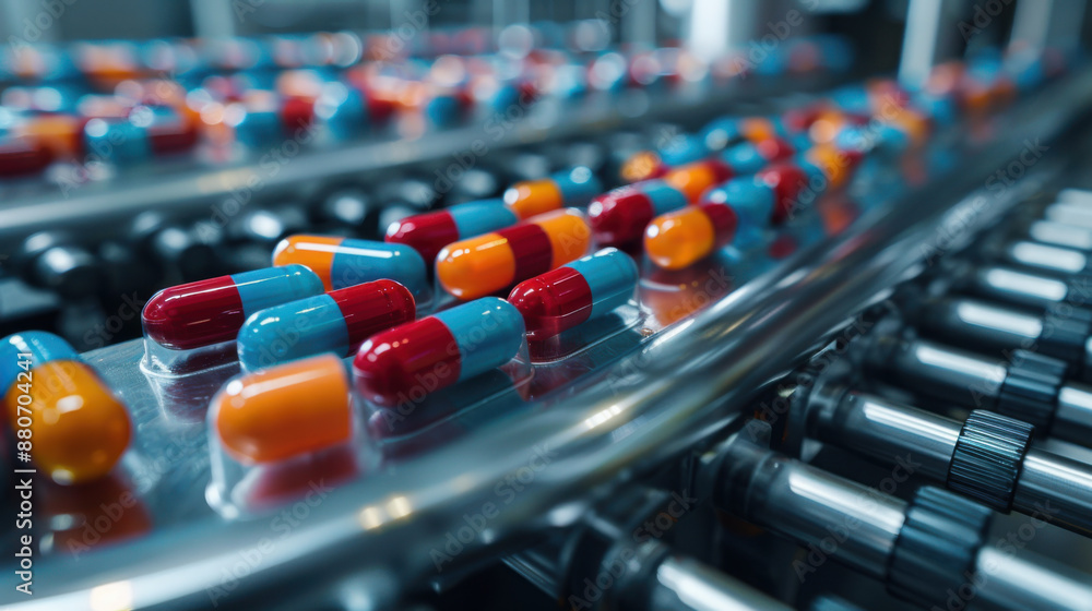 Fototapeta premium Close-up of colorful pills on a production line in a pharmaceutical manufacturing facility.