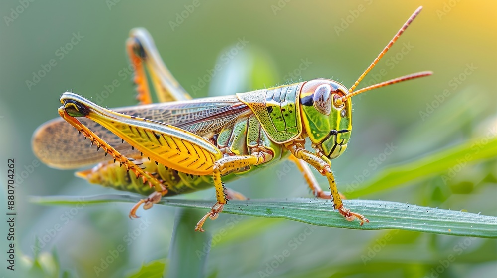 Close-up of a vibrant grasshopper on green leaf Close-up of a vibrant grasshopper on green leaf
