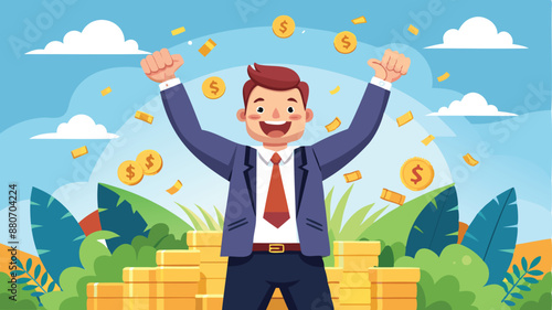 Happy millionaire businessman achieving financial freedom, success with plenty of money and wealth