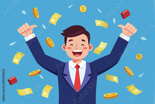 Happy millionaire businessman achieving financial freedom, success with plenty of money and wealth