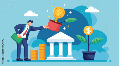 Businessman's Hand Placing Coin into Bank, Growing Money Plant, Depicting Mutual Funds Investment and Wealth Increase