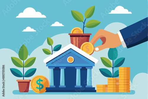 Businessman's Hand Placing Coin into Bank, Growing Money Plant, Depicting Mutual Funds Investment and Wealth Increase