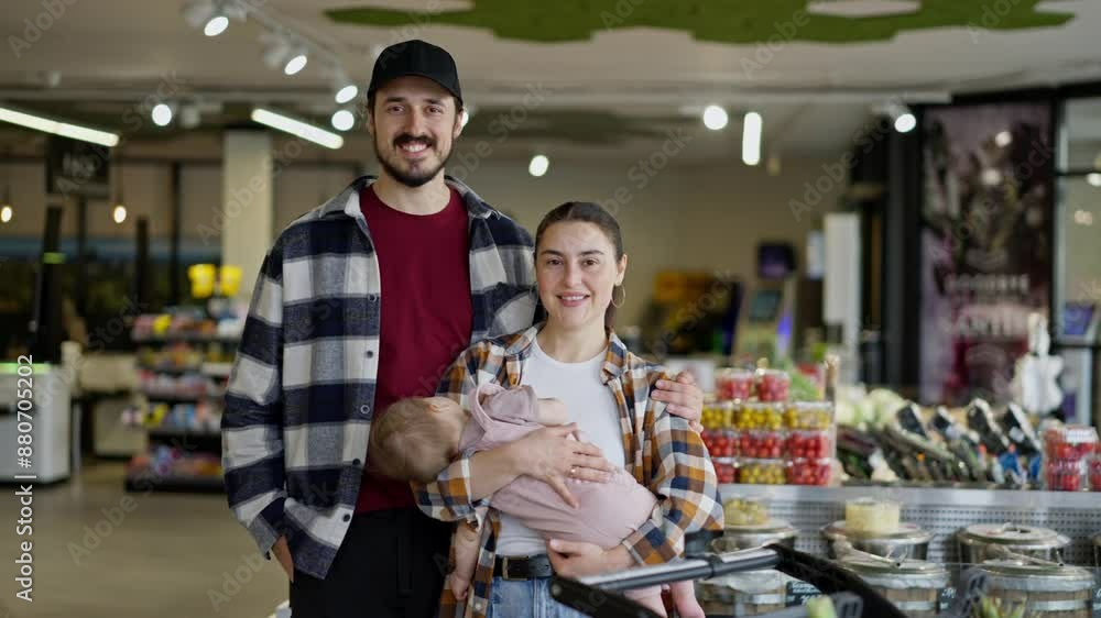 Portrait of a happy brunette guy with his wife and small baby during family shopping in a supermarket Portrait of a happy brunette guy with his wife and small baby during family shopping in a supermarket