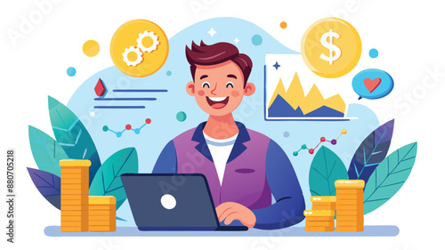 Happy Young Man Making Money by Trading Stocks and Cryptocurrencies Online, Successful Investor Concept