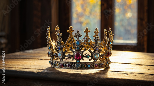 beautiful queen or king crown over old table. fantasy medieval period