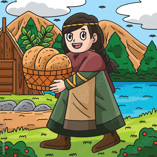 Viking Child with Basket of Bread Colored Cartoon 