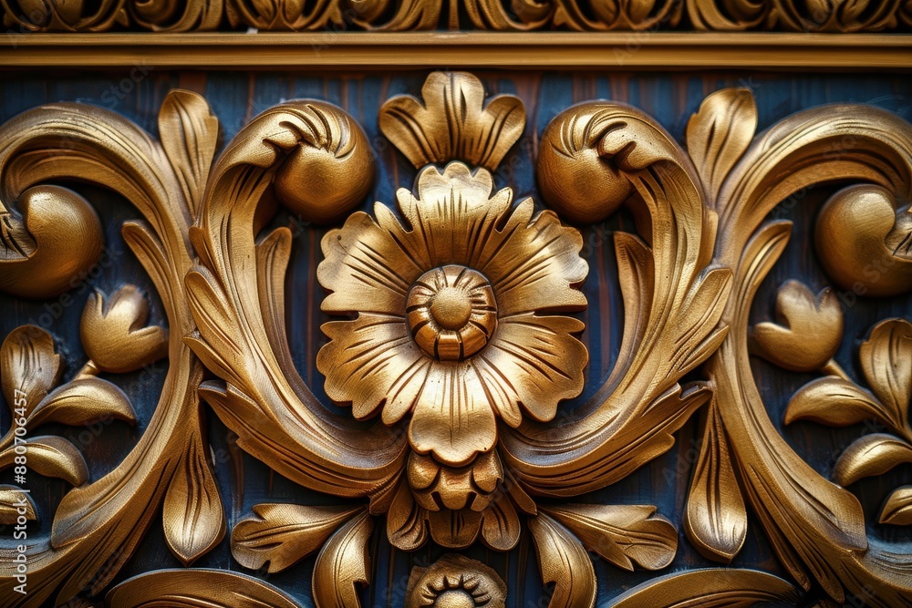 Ornate gold flower carving on rich blue background, showcasing intricate craftsmanship and elegant design, ideal for artistic decoration. Ornate gold flower carving on rich blue background, showcasing intricate craftsmanship and elegant design, ideal for artistic decoration.