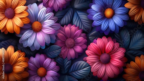 Vibrant close-up of colorful, blooming flowers with dark leaves background, showcasing a blend of pink, purple, orange, and blue hues.