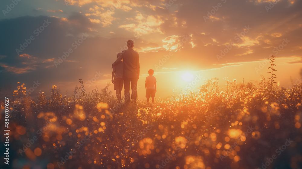 Fototapeta premium A family of three is walking through a field of flowers. The sun is setting, casting a warm glow over the scene. The family appears to be enjoying their time together