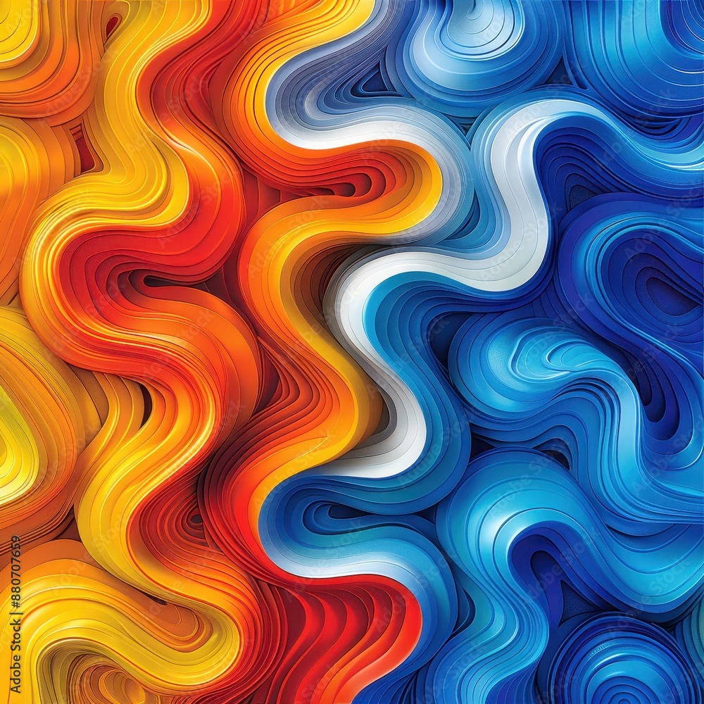 Fototapeta premium Vibrant abstract swirl pattern with red, orange, yellow, blue, and white gradients, blending together in a fluid and dynamic design.
