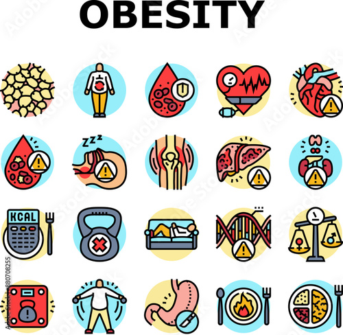 obesity overweight fat obese icons set vector. weight body, woman belly, diet lifestyle, health person, loss healthy, fit obesity overweight fat obese color line illustrations