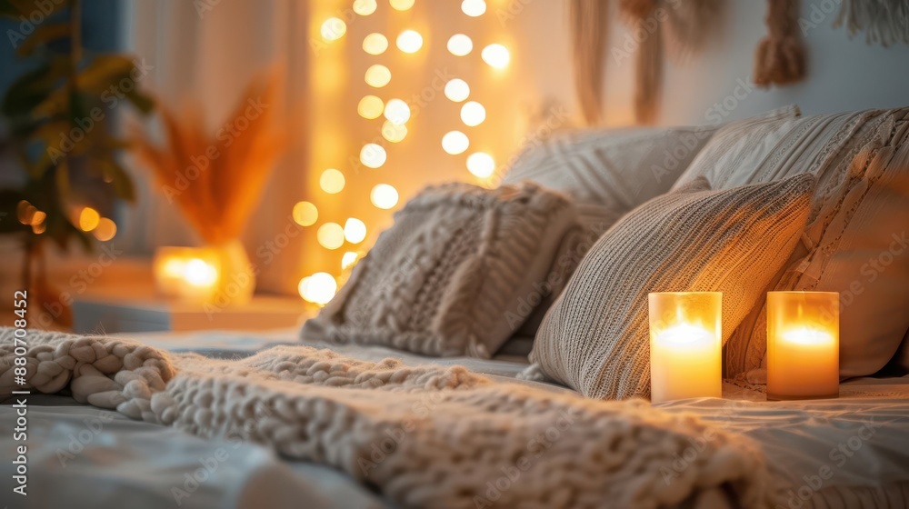 Obraz premium soft pillows, warm lighting, affection, cozy bedroom, intimate touch, loving moments