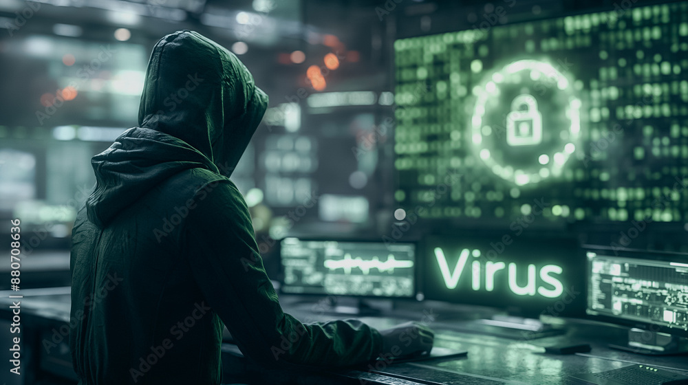 A man is sitting in front of a computer screen with a virus symbol on it. He is wearing a hoodie and he is typing on the keyboard. Concept of danger and vulnerability A man is sitting in front of a computer screen with a virus symbol on it. He is wearing a hoodie and he is typing on the keyboard. Concept of danger and vulnerability