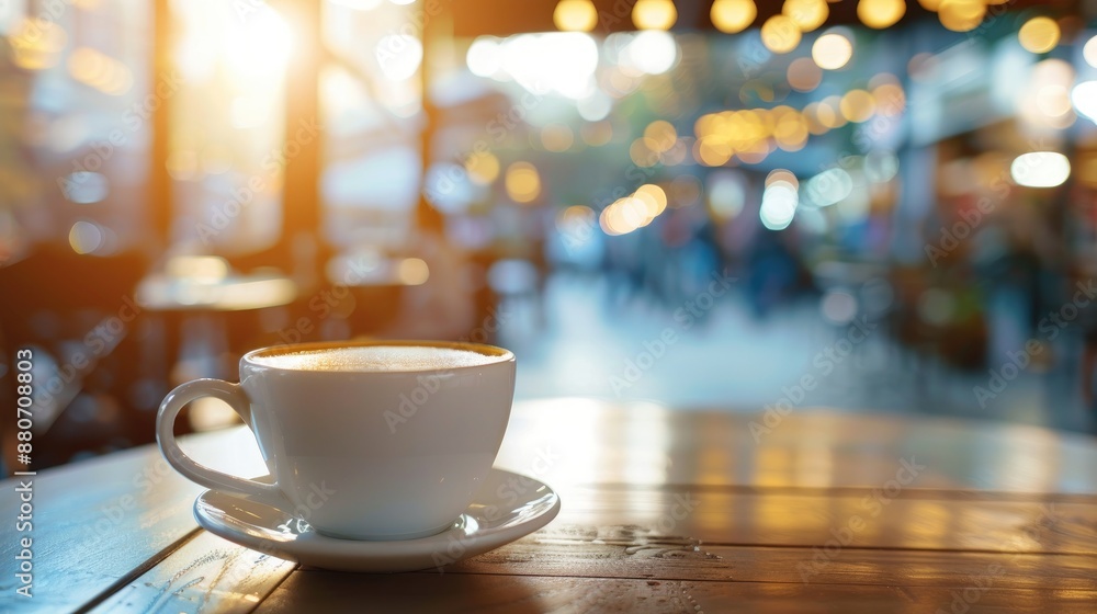 Selective focus on coffee cup in urban cafe morning coffee break Selective focus on coffee cup in urban cafe morning coffee break