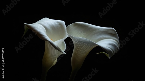 White calla lily with blooms on black backdrop core idea is darkness