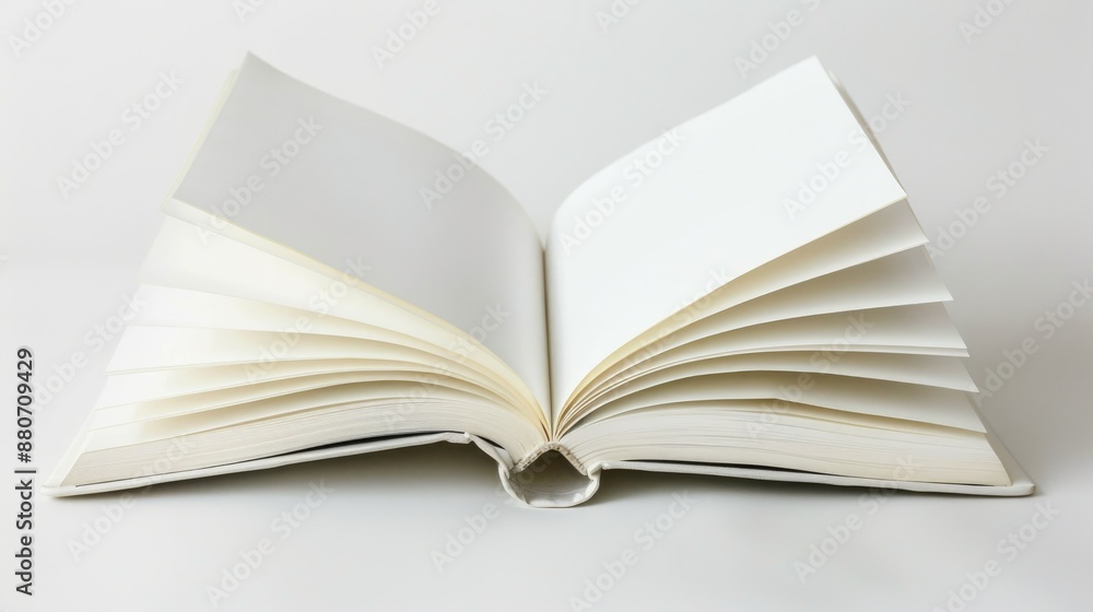 Close view of an open white book on a white surface Close view of an open white book on a white surface