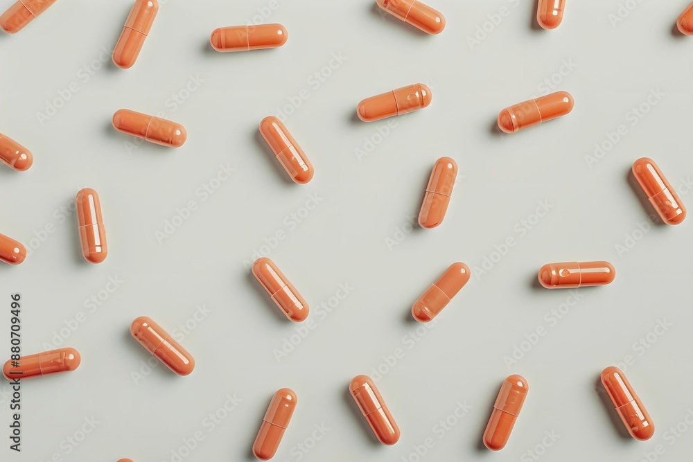 Spread Prescription Drug Capsules, pills, spread out, white surface, medical treatment Spread Prescription Drug Capsules, pills, spread out, white surface, medical treatment
