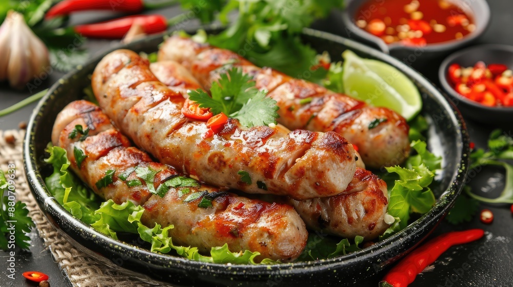 Fried vietnamese sausage on plate with chili sauce Fried vietnamese sausage on plate with chili sauce