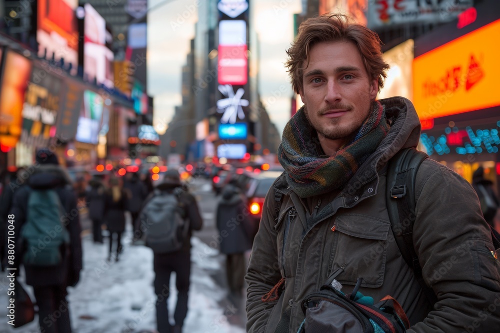 Handsome man smiling in times square Handsome man smiling in times square